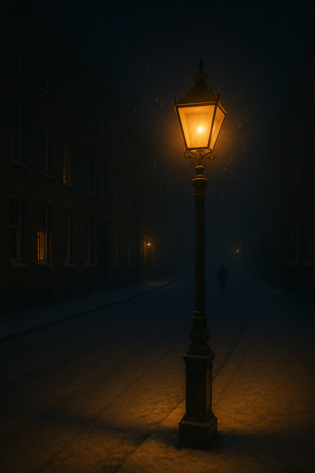 Gaslamp in a Snow-Covered London Street